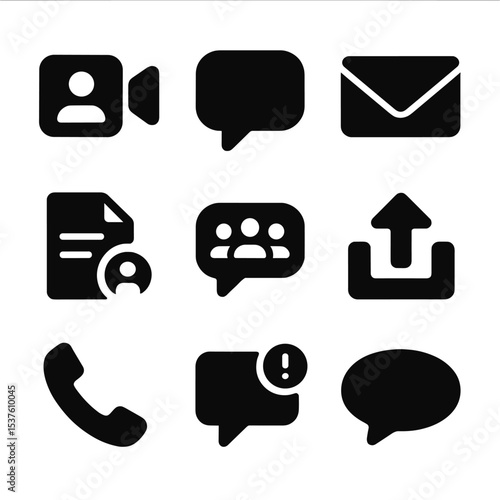 Corporate Communication Icons. Solid, filled icons set of corporate communication tools: video call, chat