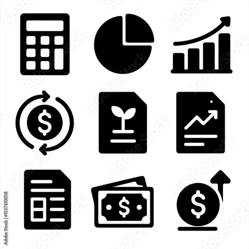 Financial Icons Set. Solid, filled icons set of financial planning and investment: calculator, pie chart, bar