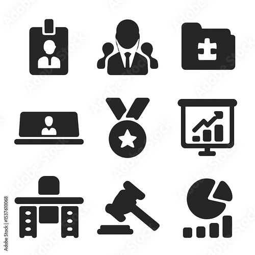 Leadership Icon Set. Solid, filled icons set of leadership and business roles: CEO badge, manager icon,