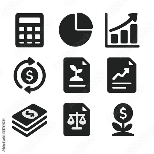 Financial Icons Set. Solid, filled icons set of financial planning and investment: calculator, pie chart, bar