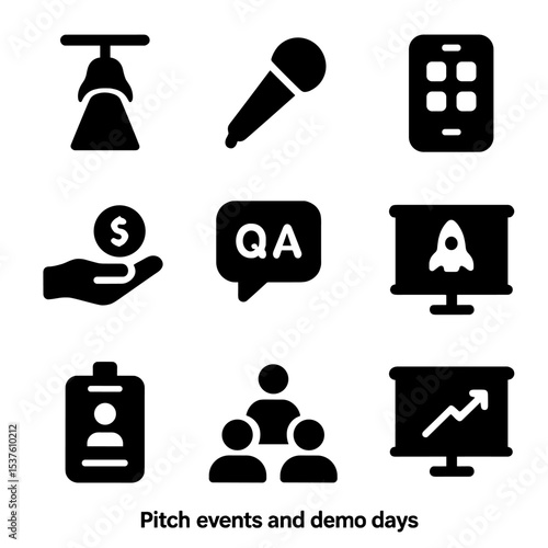 Startup Event Icons. Solid, filled icons set of pitch events and demo days: stage spotlight, pitch mic, app