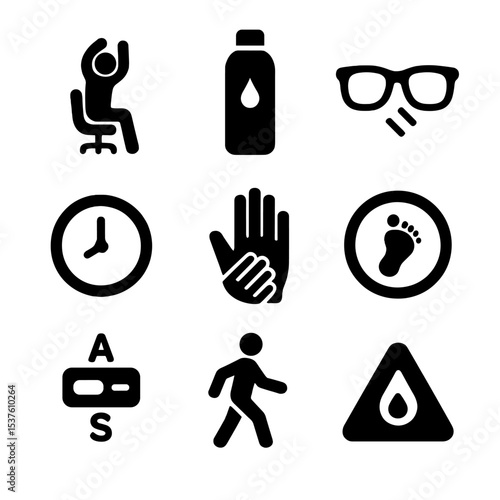 Healthy Home Office Icons. Solid, filled icons set of healthy home office habits: stretch reminder, water