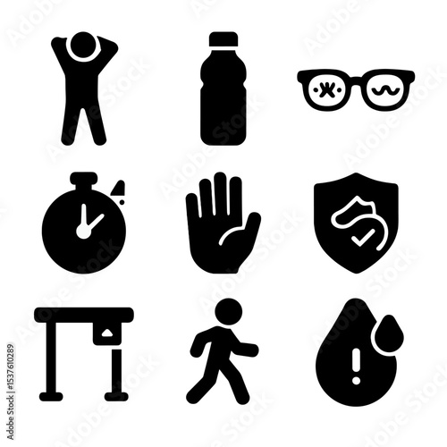 Healthy Home Office Icons. Solid, filled icons set of healthy home office habits: stretch reminder, water