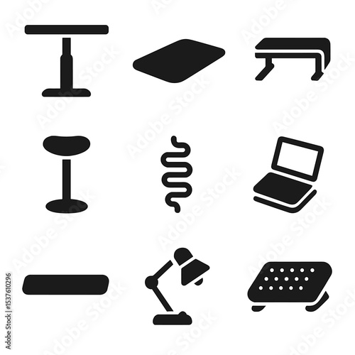 Ergonomic Desk Essentials. Solid, filled icons set of setting up a standing desk for comfort: adjustable desk,