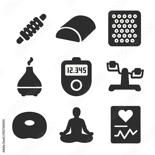 Wellness Desk Accessories Icons. Solid, filled icons set of wellness accessories for standing desks: massage