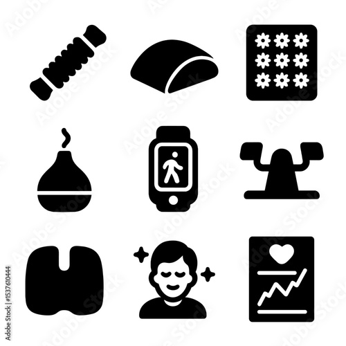 Wellness Desk Accessories Icons. Solid, filled icons set of wellness accessories for standing desks: massage