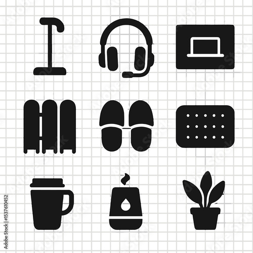 Remote Work Essentials. Solid, filled icons set of remote work comfort upgrades: headphone stand,
