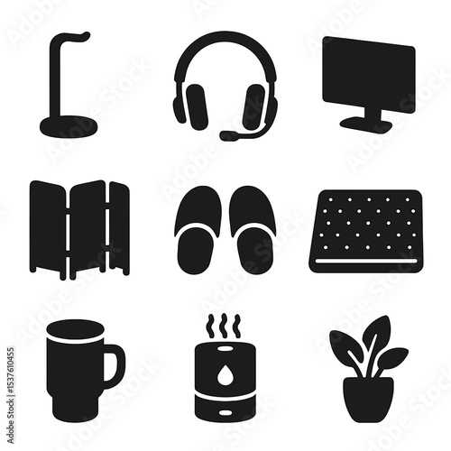 Remote Work Essentials. Solid, filled icons set of remote work comfort upgrades: headphone stand,