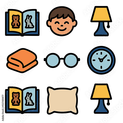 Storytime Icon Set. Solid, filled icons set of a child reading a picture book with bright illustrations: open