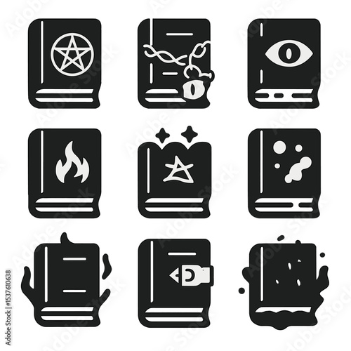 Mystic Spellbook Icons. Solid, filled icons set of spellbooks and grimoires: leather-bound cover, pentagram
