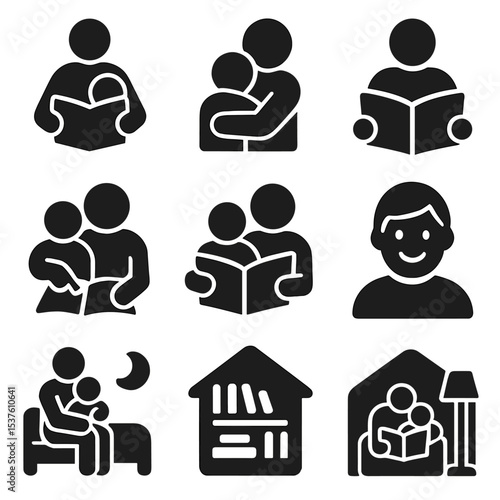 Parent-Child Reading Icons. Solid, filled icons set of parent-child reading moments: lap reading, cuddle time,