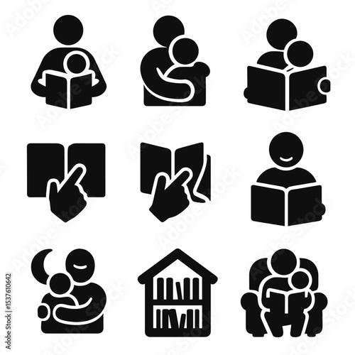 Parent-Child Reading Icons. Solid, filled icons set of parent-child reading moments: lap reading, cuddle time,