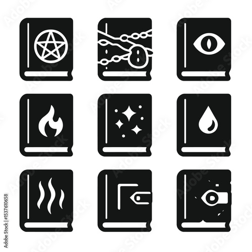 Mystic Spellbook Icons. Solid, filled icons set of spellbooks and grimoires: leather-bound cover, pentagram
