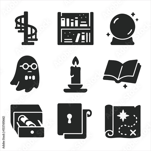 Magical Icon Collection. Solid, filled icons set of magical libraries and archives: spiral staircase, dusty
