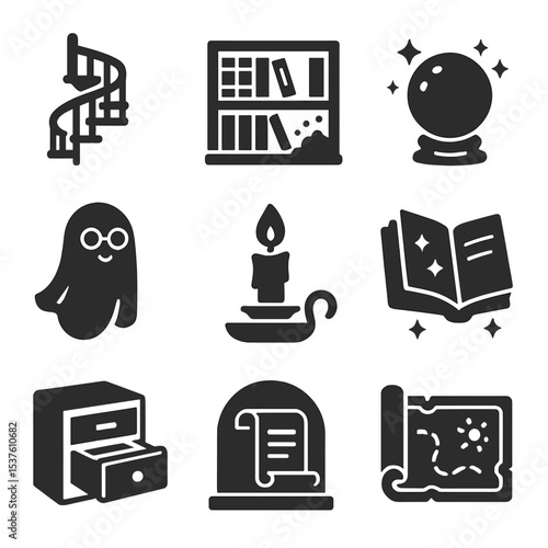 Magical Icon Collection. Solid, filled icons set of magical libraries and archives: spiral staircase, dusty