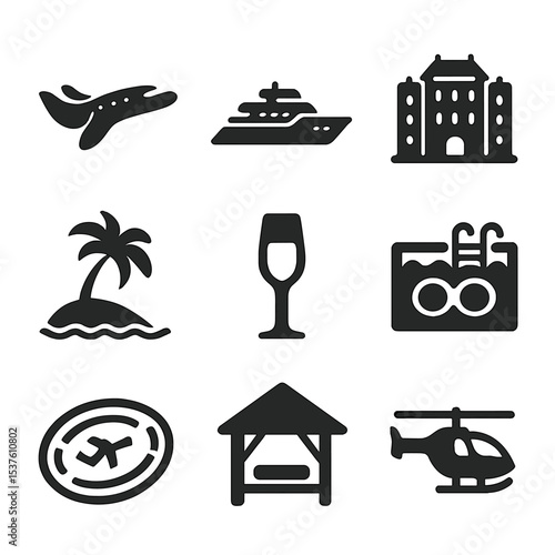 Luxury Travel Icons. Solid, filled icons set of luxury travel and exclusive destinations: private jet, luxury