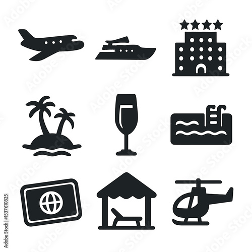 Luxury Travel Icons. Solid, filled icons set of luxury travel and exclusive destinations: private jet, luxury