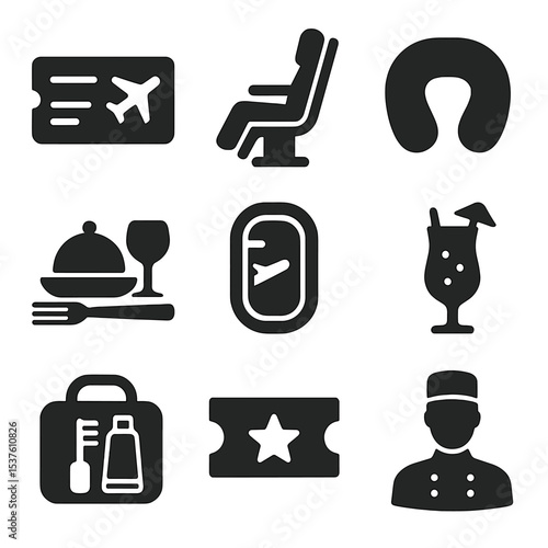 First-Class Travel Icons. Solid, filled icons set of first-class travel essentials: boarding pass, reclining