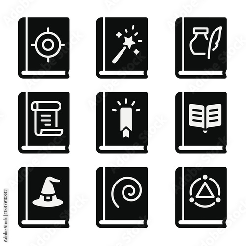 Wizardry Icon Set. Solid, filled icons set of wizard and apprentice spellbooks: arcane rune, magic wand,