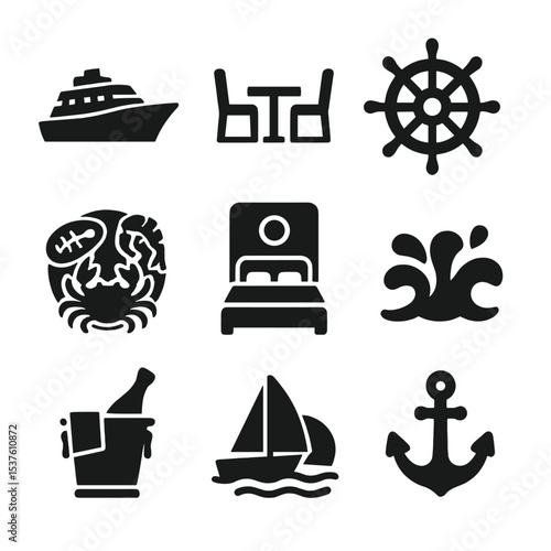 Luxury Cruise Icons. Solid, filled icons set of yacht and cruise luxury: ocean liner, private deck, captain’s