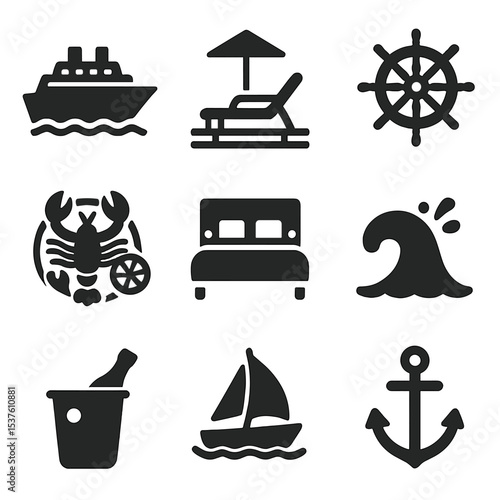 Luxury Cruise Icons. Solid, filled icons set of yacht and cruise luxury: ocean liner, private deck, captain’s