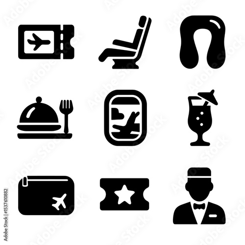 First-Class Travel Icons. Solid, filled icons set of first-class travel essentials: boarding pass, reclining