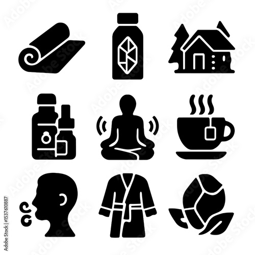 Wellness Retreat Icon Set. Solid, filled icons set of exclusive wellness retreats: yoga mat, crystal water,