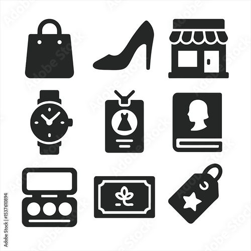 Luxury Fashion Icons. Solid, filled icons set of luxury shopping and fashion travel: shopping bag, designer