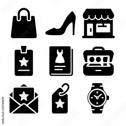 Luxury Fashion Icons. Solid, filled icons set of luxury shopping and fashion travel: shopping bag, designer