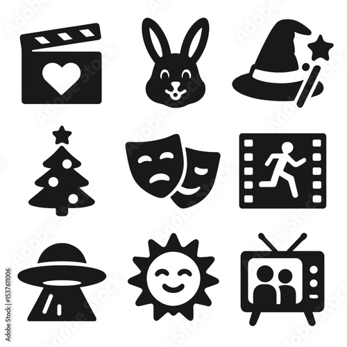 Film Genre Icons. Solid, filled icons set of favorite film genres for cozy nights: romantic comedy, animated