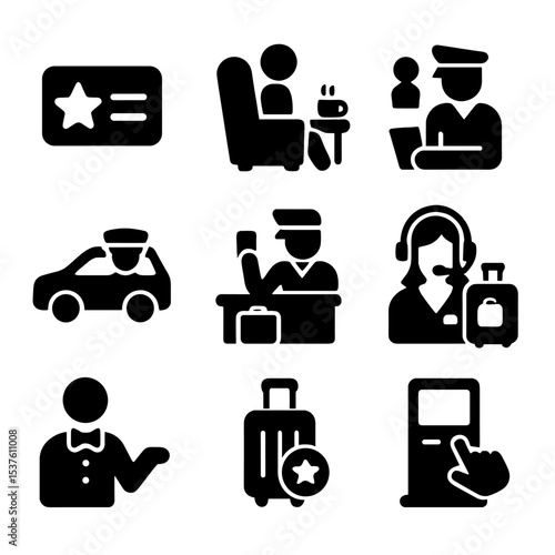 VIP Travel Icons. Solid, filled icons set of VIP airport and travel services: priority pass, luxury lounge,