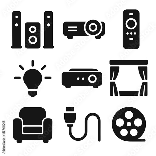 Home Theater Icons. Solid, filled icons set of home theater essentials: surround sound, projector icon,