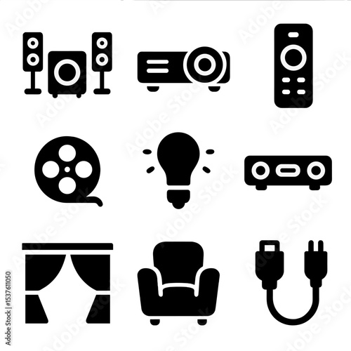 Home Theater Icons. Solid, filled icons set of home theater essentials: surround sound, projector icon,