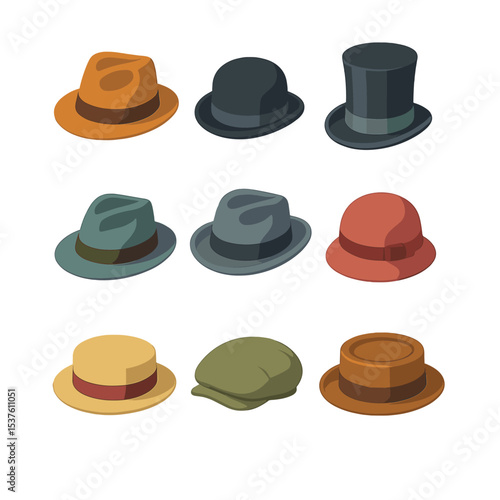 Vintage Hat Icons. Isometric Flat icon set of vintage hat styles: fedora, bowler hat, top hat, trilby, homburg, pork pie hat,