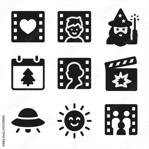 Film Genre Icons. Solid, filled icons set of favorite film genres for cozy nights: romantic comedy, animated