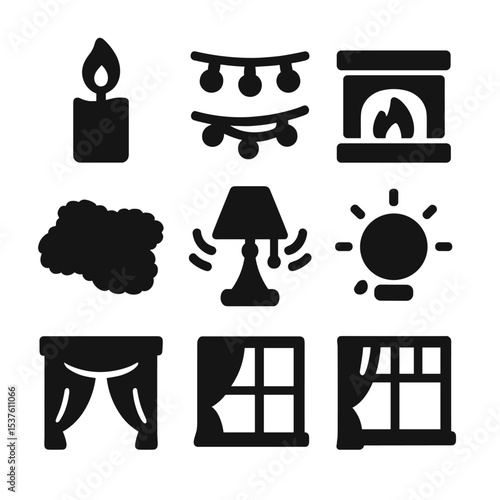 Cozy Atmosphere Icons. Solid, filled icons set of cozy atmosphere details: candle flame, string lights,