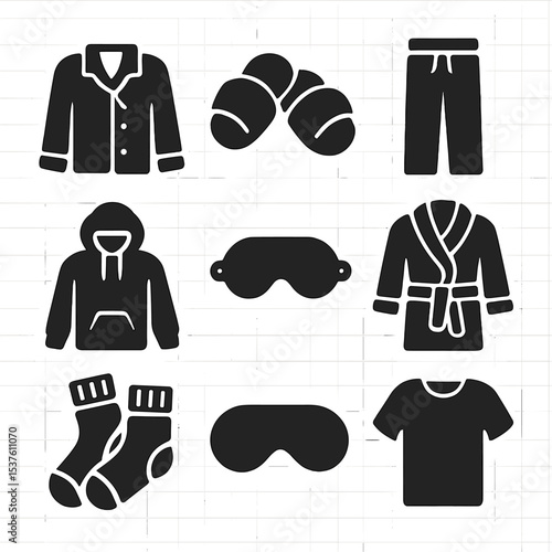 Cozy Loungewear Icons. Solid, filled icons set of pajamas and loungewear for movie night: pajama top, fuzzy