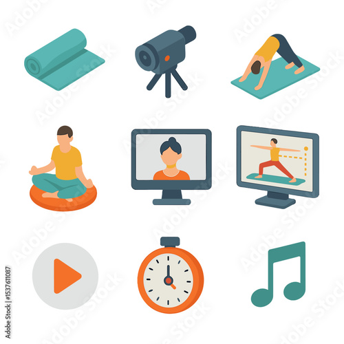 Virtual Yoga Icon Set. Isometric Flat icon set of virtual yoga sessions: yoga mat, video camera, downward dog pose, meditation