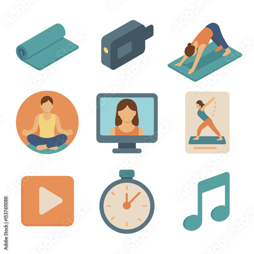 Virtual Yoga Icon Set. Isometric Flat icon set of virtual yoga sessions: yoga mat, video camera, downward dog pose, meditation