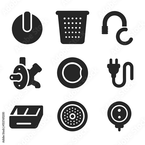 Laundry Appliance Icons. Solid, filled icons set of laundry appliance parts: control knob, lint filter, drain