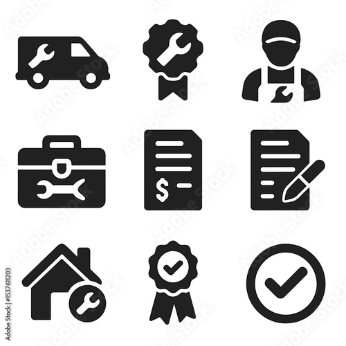 Appliance Repair Icons. Solid, filled icons set of professional appliance repair service: service van, repair