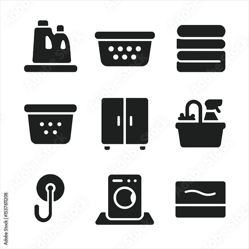 Laundry Room Icons. Solid, filled icons set of laundry room organization: detergent shelf, basket icon, folded