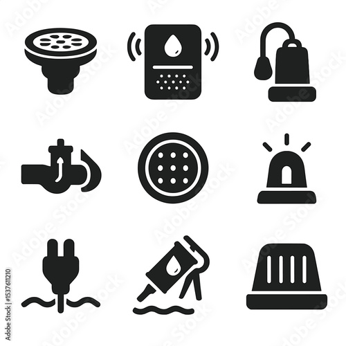 Flood Prevention Icons. Solid, filled icons set of flood prevention systems: floor drain, water alarm, sump