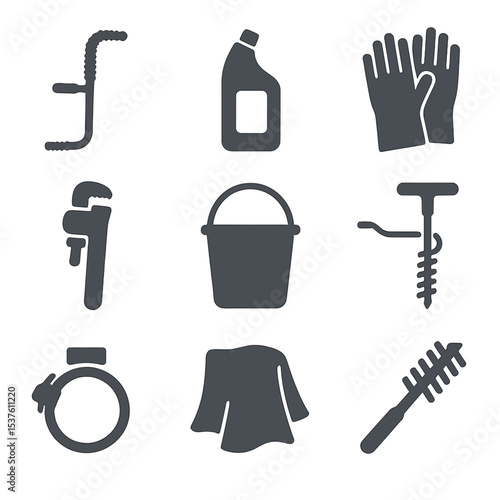 DIY Drain Cleaning Icons. Solid, filled icons set of DIY drain cleaning tools: plumber’s snake, drain cleaner