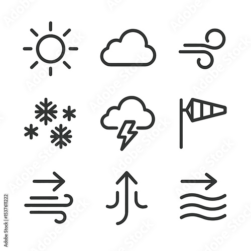 Weather Icons Set. Outline icon set of weather conditions: clear sky icon, cumulus cloud, turbulence swirl, icing crystals,
