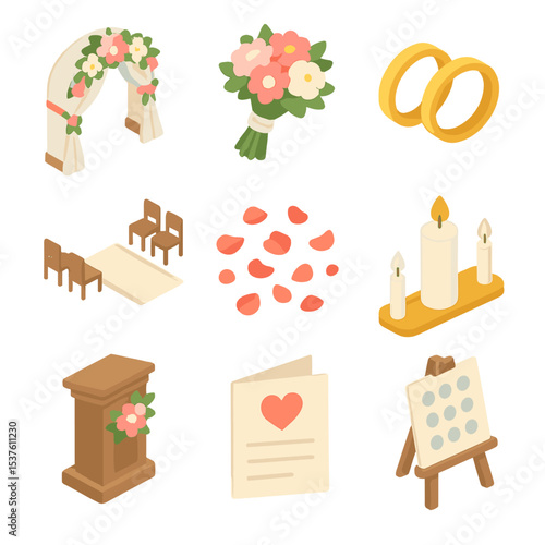 Wedding Ceremony Icons. Isometric Flat icon set of wedding ceremony essentials: wedding arch, bridal bouquet, wedding rings, aisle
