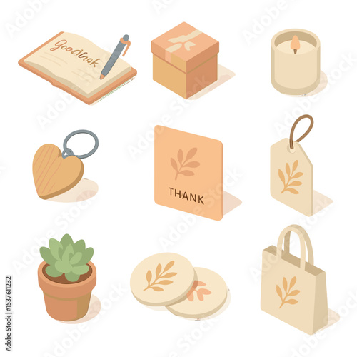 Wedding Favors Icons. Isometric Flat icon set of guestbook and wedding favors: guestbook with pen, custom favor box, mini candle,