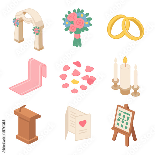 Wedding Ceremony Icons. Isometric Flat icon set of wedding ceremony essentials: wedding arch, bridal bouquet, wedding rings, aisle