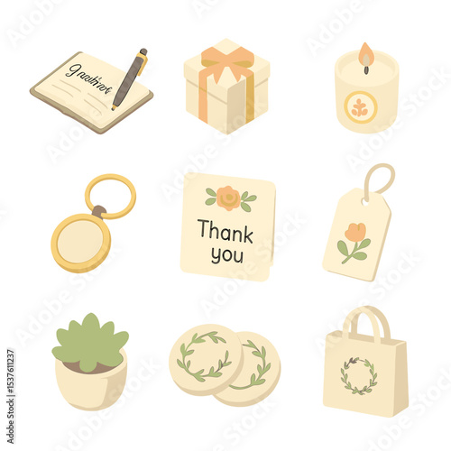 Wedding Favors Icons. Isometric Flat icon set of guestbook and wedding favors: guestbook with pen, custom favor box, mini candle,