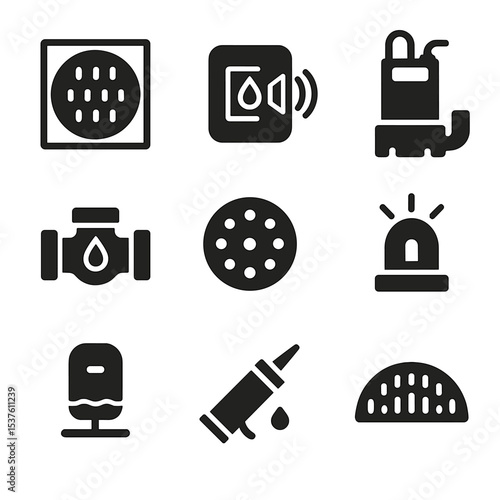 Flood Prevention Icons. Solid, filled icons set of flood prevention systems: floor drain, water alarm, sump